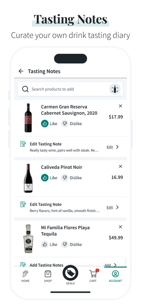 Total Wine & More - Total Wine and Moreアプリのテイスティングノート機能。ワインとテキーラのレビューを含む、厳選されたドリンクダイアリーが表示されます。