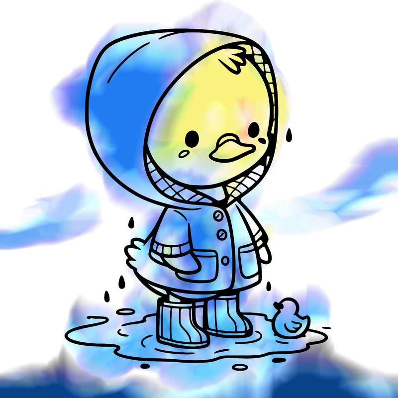 baby duck in a rain coat and boots, in a puddle while it’s raining