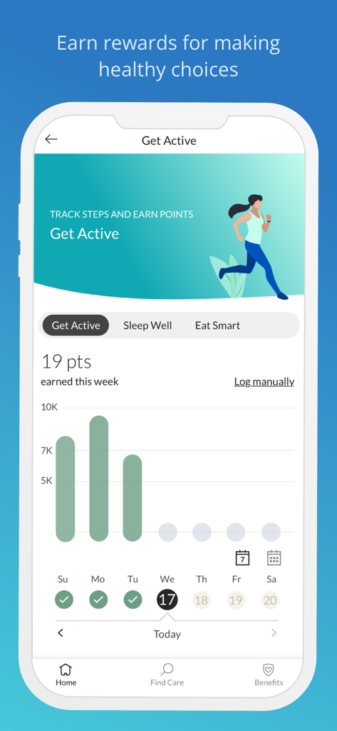 Engage Wellbeing - Engage Wellbeing app interface showing activity tracking graph and reward points.