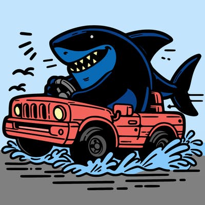 shark driving a car animated