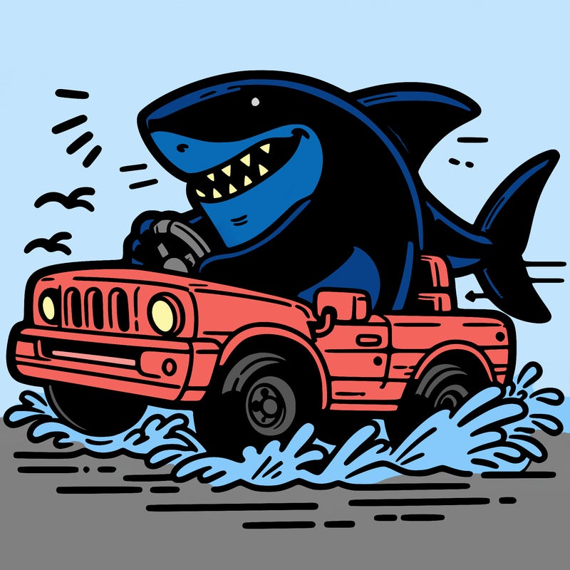 shark driving a car animated