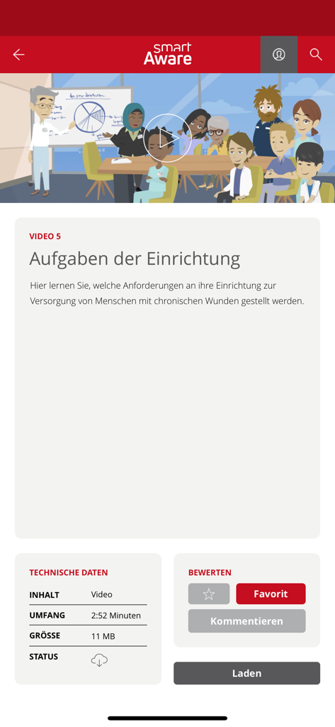 Modul zur Gesundheitsbildungsvideo über chronische Wundversorgung in der smartAware-App