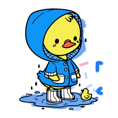 baby duck in a rain coat and boots, in a puddle while it’s raining