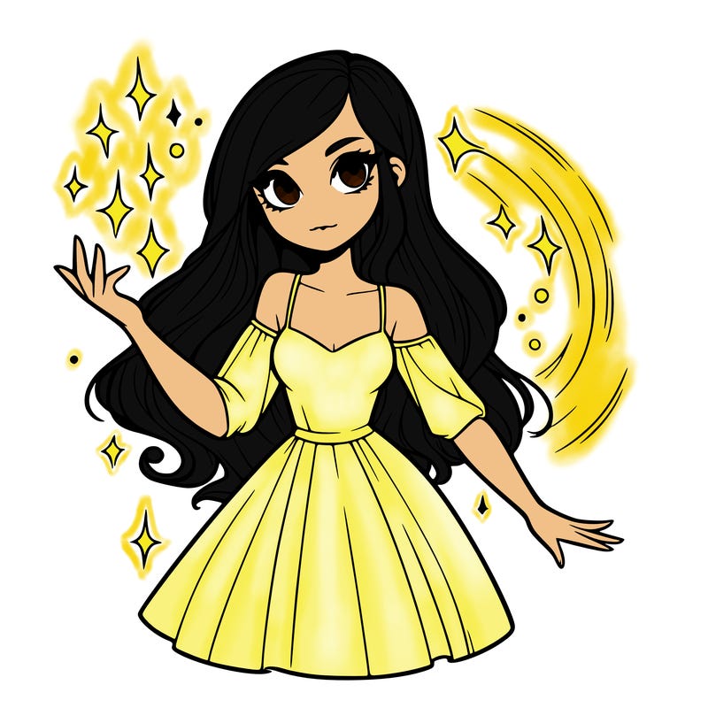 a realistic girl with long hair and magic powers