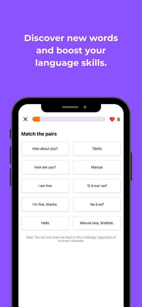 Asalei app interface showing a Samoan language matching exercise with common greetings and phrases