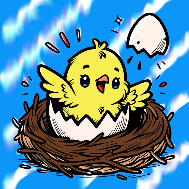a baby chick hatching from an egg in a nest