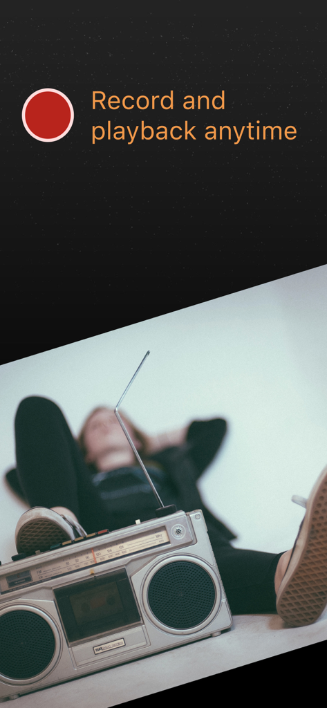 HK Radio ◎ Hong Kong FM - A vintage boombox radio with text highlighting the record and playback feature of the HK Radio app