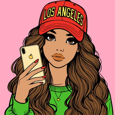 realistic beautiful girl wearing los ángeles cap holding an iphone