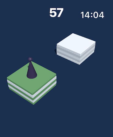 Gameplay of JumpJump watch game showing a purple character jumping between platforms.