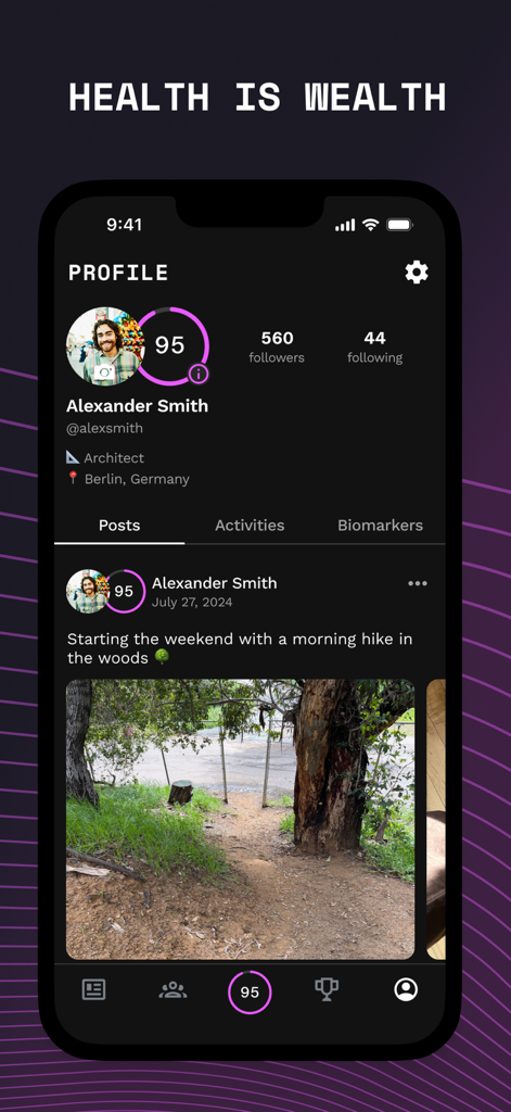 Don't Die - Bryan Johnson - User profile screen on the Don't Die app showing a health score and social feed activity