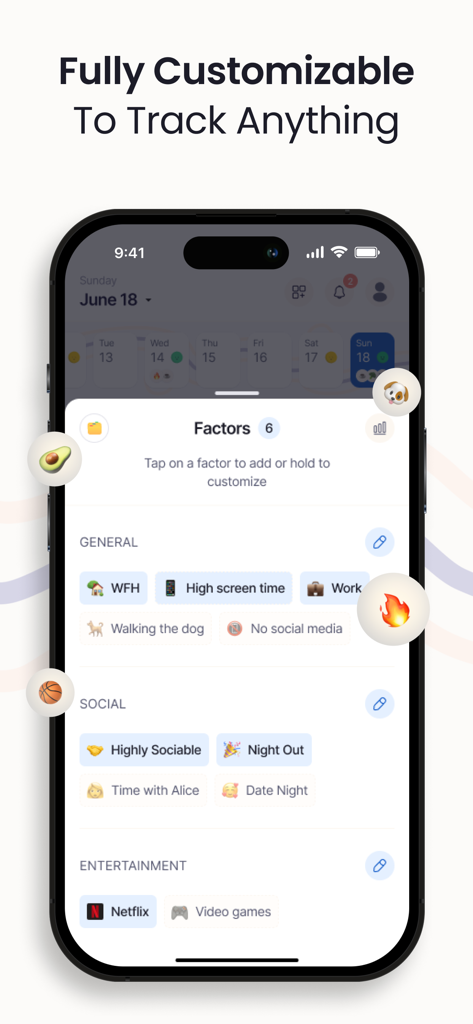 Brainway: Boost Productivity - Una pantalla de teléfono inteligente que muestra la interfaz de seguimiento de factores personalizables de la aplicación Brainway con categorías para trabajo general, actividades sociales y hábitos de entretenimiento.