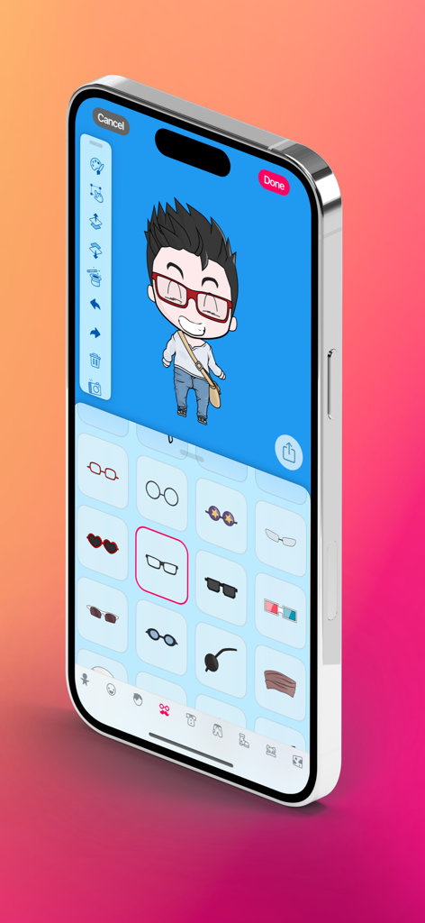 Chibi Studio Avatar Maker - Customizing an anime chibi character with eyewear in the Chibi Studio app