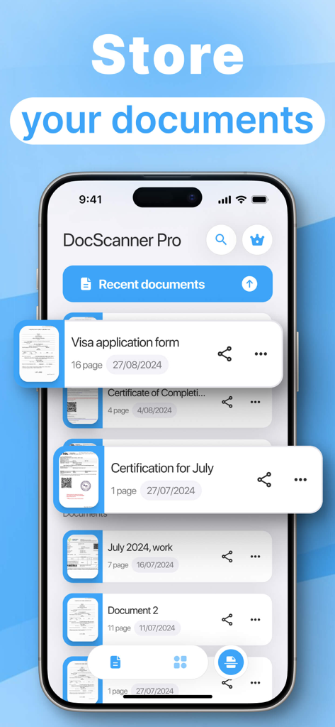 Smartphone-Bildschirm, der eine Liste organisierter digitaler Dokumente wie Visumanträge und Zeugnisse im PDF Scanner anzeigt.