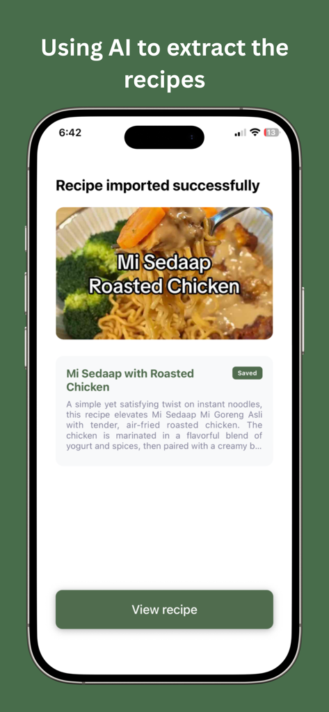 Kerisik: Recipe Manager - Smartphone interface of Kerisik Recipe Manager demonstrating AI recipe extraction and a saved chicken noodle recipe.