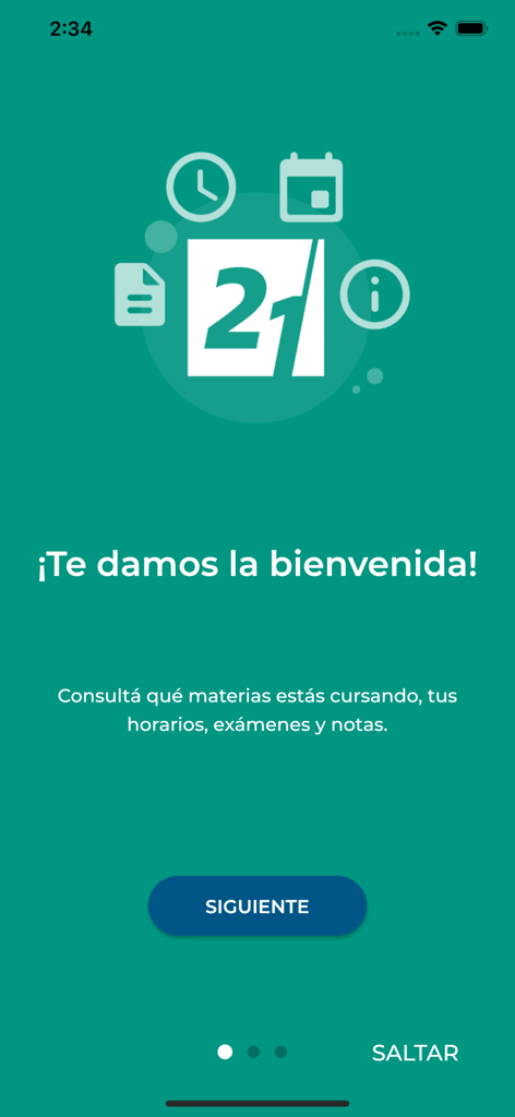 Pantalla de bienvenida de la app móvil Universidad Siglo 21
