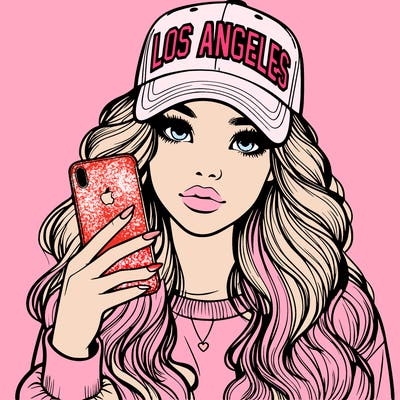 realistic beautiful girl wearing los ángeles cap holding an iphone