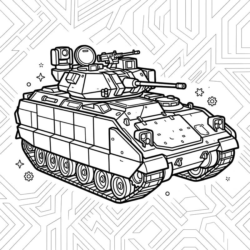Dive into the world of military might with this impressive Infantry Fighting Vehicle coloring page. Featuring a detailed armored vehicle on a cool geometric background, it's perfect for enthusiasts of all ages.