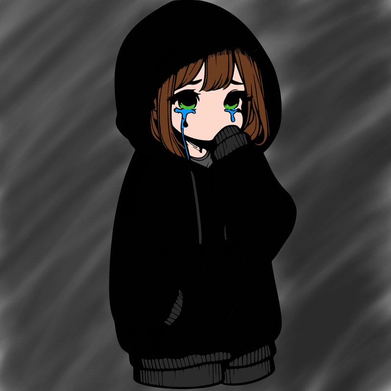 realistic girl wearing oversize hoodie and baggy clothes crying