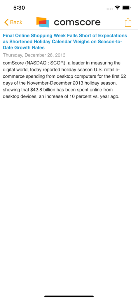 comScore News 앱의 미국 소매 전자상거래 지출에 대한 시장 인텔리전스 보고서를 표시하는 스크린샷.