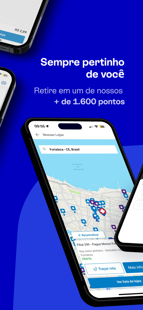 Mappa del localizzatore di negozi dell'app Pague Menos che mostra oltre 1600 farmacie in Brasile per il ritiro degli ordini