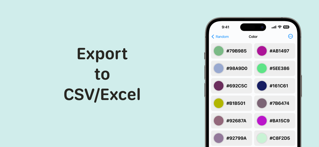 Random Number Generator. RNG - Interface de l'application de génération de nombres aléatoires montrant une liste de codes hexadécimaux de couleurs et la fonction d'exportation vers CSV ou Excel.
