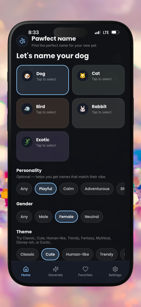 Pantalla de inicio de la aplicación The Pawfect Name mostrando la selección de mascotas y filtros por personalidad, género y tema.