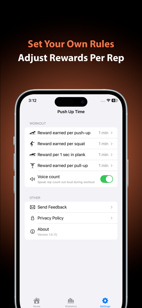 Push Up Time - Block Apps - Settings screen for adjusting exercise rewards in the Push Up Time app