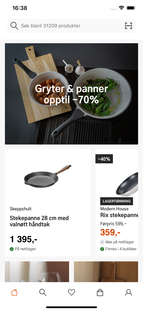 Kitch'n - Schermata dell'app Kitch'n che mostra una promozione su pentole e padelle e elenchi di prodotti per padelle.