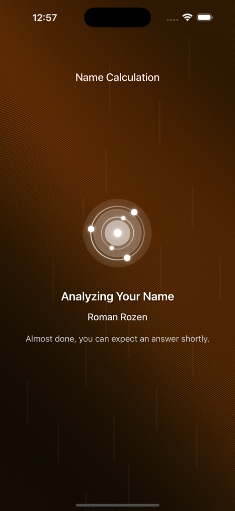 Mobile app screen showing name calculation and analysis with a mystical brown background