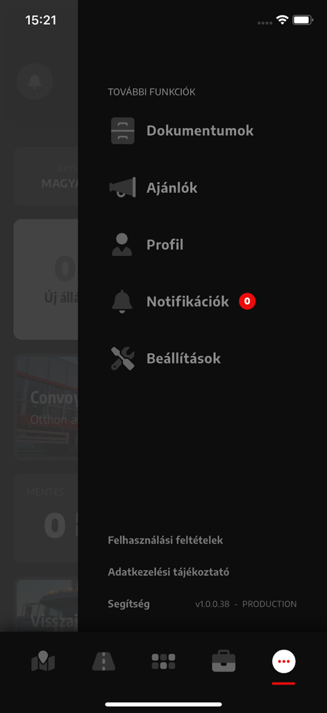 ST22 Connect | Convoy Zero - The side navigation menu of the ST22 Connect mobile app displaying various features like documents, profile, notifications, and settings for truck drivers.
