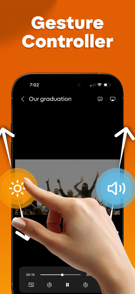 Video Media Player ・All Format - iPhone 비디오 플레이어 화면에서 밝기 및 볼륨 제어를 위한 터치 제스처를 시연하는 손