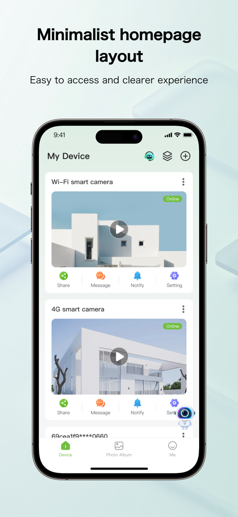 AiCAM: AI Powered IP Camera - AiCAM app interface showing the minimalist homepage with connected smart camera devices and quick access controls