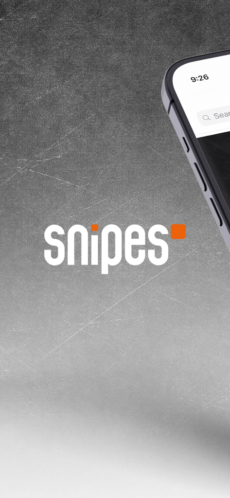 SNIPES logo on a grey concrete textured background with a partial view of a smartphone screen