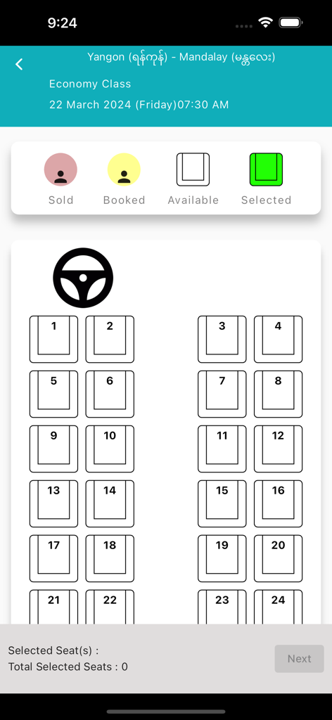 Elite Express - Pantalla de selección de asientos de la aplicación Elite Express para un viaje en autobús de Yangon a Mandalay