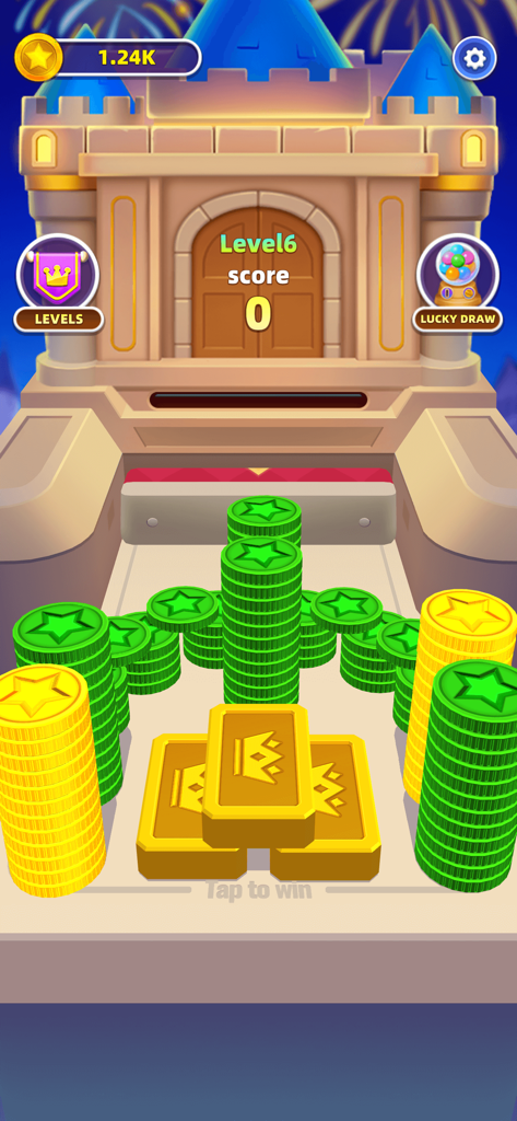 Dozer Night - Lucky Magic - Mobile coin pusher game interface showing stacks of green coins and gold bars in front of a castle for level six