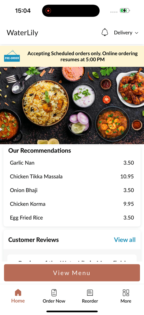 Water Lily Mansfield - Home screen of Water Lily Mansfield mobile app featuring food recommendations and a view menu button