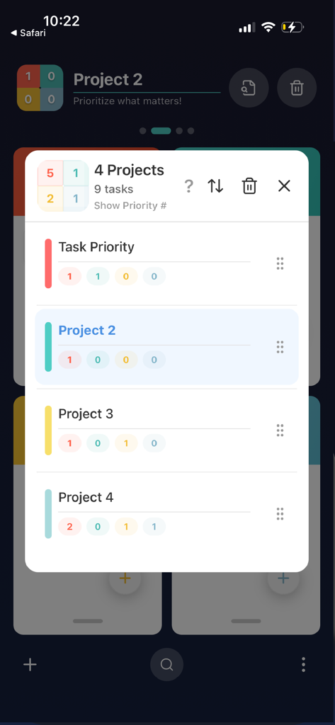 Quadrix - Quadrix app interface showing a list of four projects with task distribution across the Eisenhower Matrix quadrants.