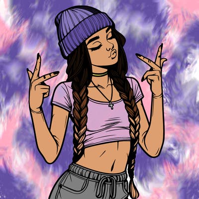 realistic teenage girl with braids and a beanie and crop top doing 🫶🏼
