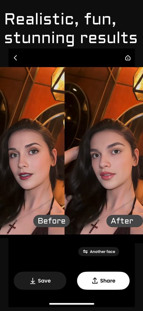 Realistic before and after face swap comparison in the SwapMe AI app