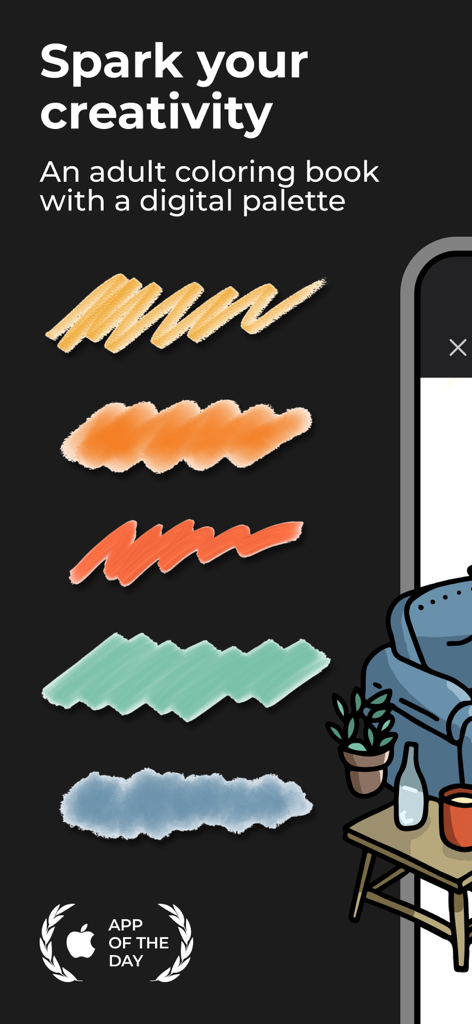Digital brush stroke examples in the Pigment adult coloring book app showcasing its creative tools and Apple App of the Day award.