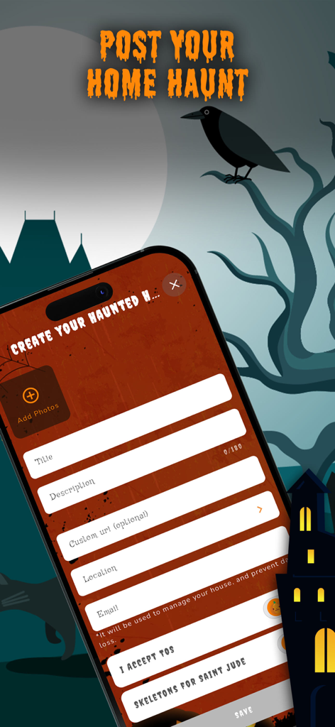 Interfaccia dell'app FrightMaps per gli utenti per creare e elencare la propria attrazione casalinga di Halloween