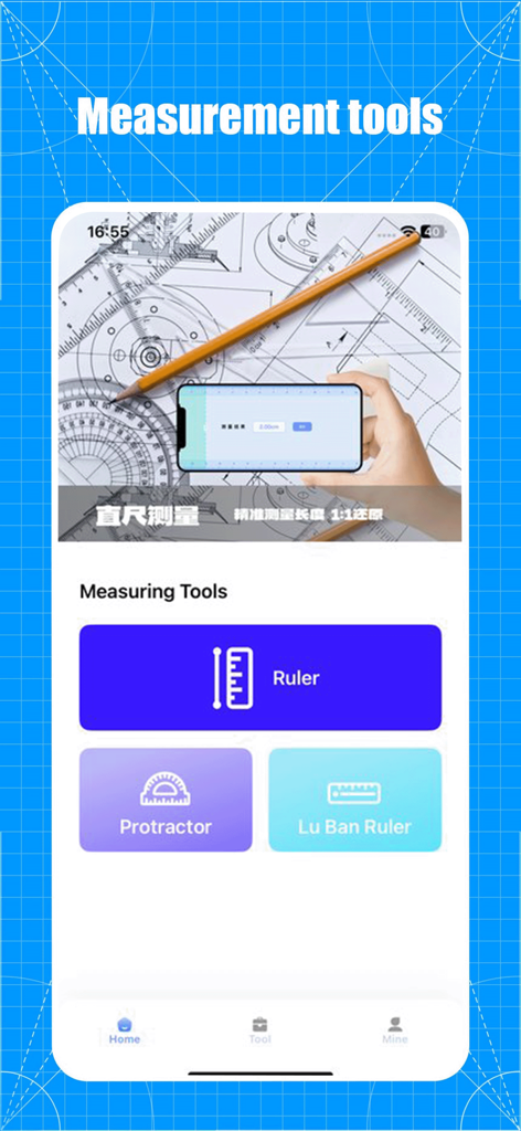 Measure-ruler&level tool - Captura de pantalla de la aplicación Medidor-regla y nivel que muestra funciones de medición que incluyen una regla y un transportador digitales.