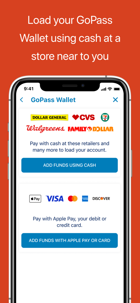 GoPass - Interface de l'application GoPass montrant les options pour charger le portefeuille numérique avec des espèces chez les détaillants locaux ou via des paiements numériques