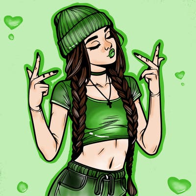 realistic teenage girl with braids and a beanie and crop top doing 🫶🏼