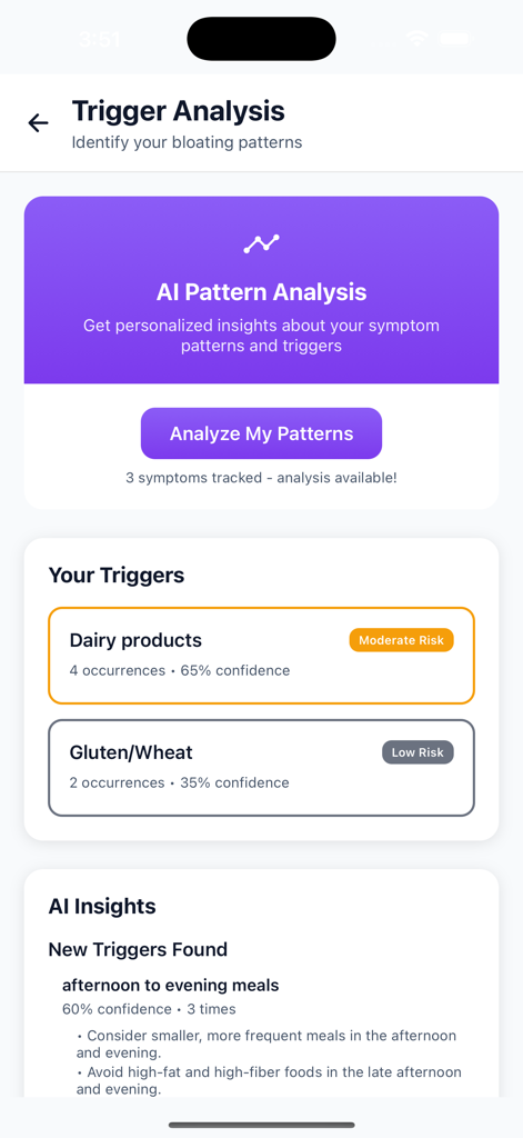 Trigger-Analyse-Dashboard in der Debloater AI App, das Risiken von Nahrungsmittelunverträglichkeiten zeigt.