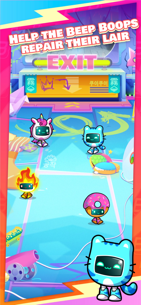 Cute colorful robots wandering in a neon-lit cyberpunk hideout with text about repairing their lair.