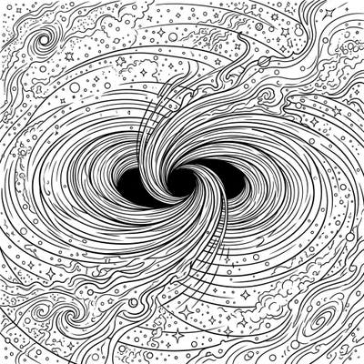 Explore the awe-inspiring phenomenon of black hole mergers with this intricate coloring template. This detailed design features two massive cosmic entities spiraling into one amidst a tapestry of stars and gravitational waves, offering a unique journey into deep space.