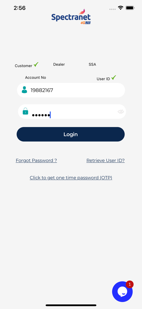Login screen for the Spectranet Selfcare app with fields for account number and password