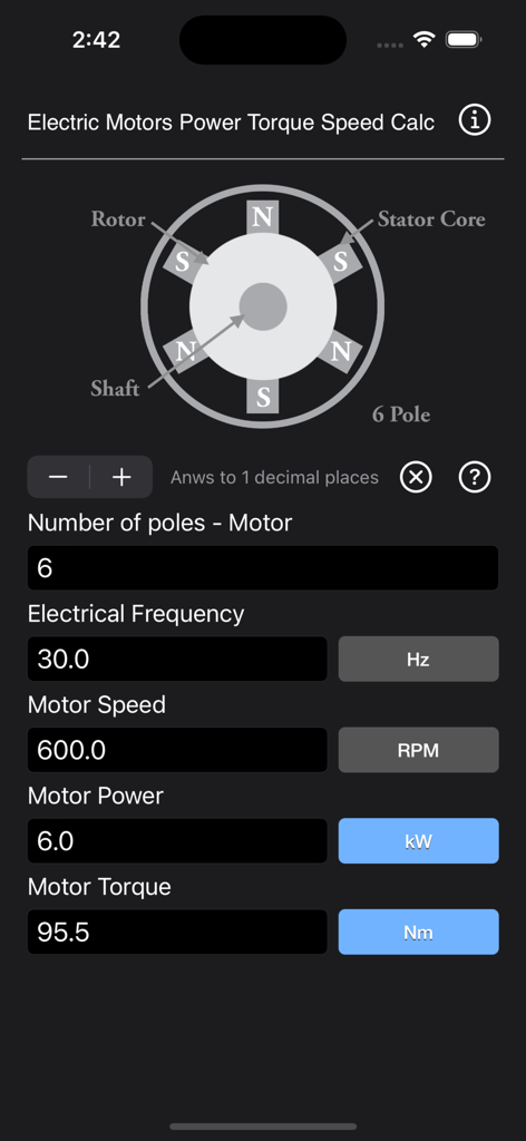 Oberfläche der App Electric Motors Speed Calc, die eine Berechnung für einen sechspoligen Motor mit Ergebnissen für Drehmoment und Drehzahl zeigt