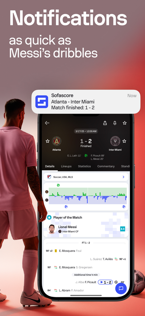 Sofascore: Live Sports Scores - サッカーのライブスコア、試合通知、選手パフォーマンスのレーティングを表示するSofascoreモバイルアプリのインターフェース